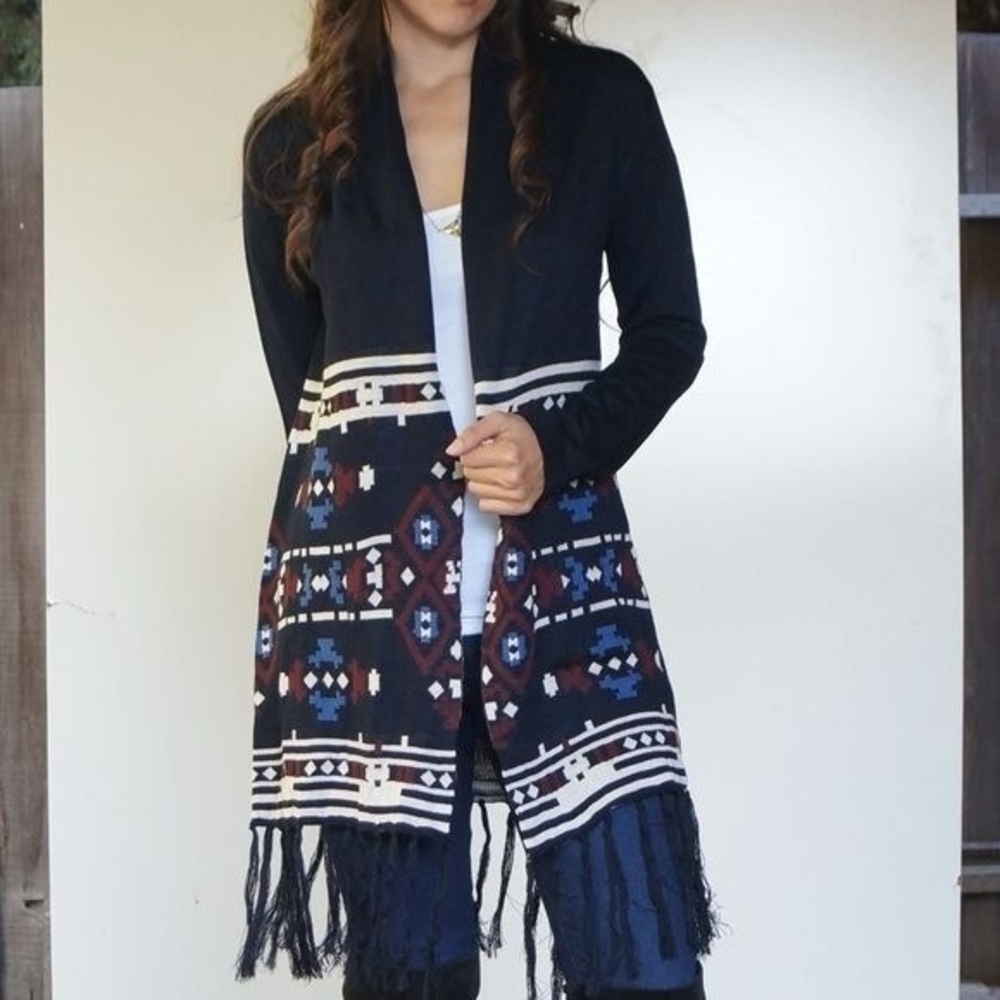 Skies Are Blue Navy and Burgundy Patterned Cardigan Sz S